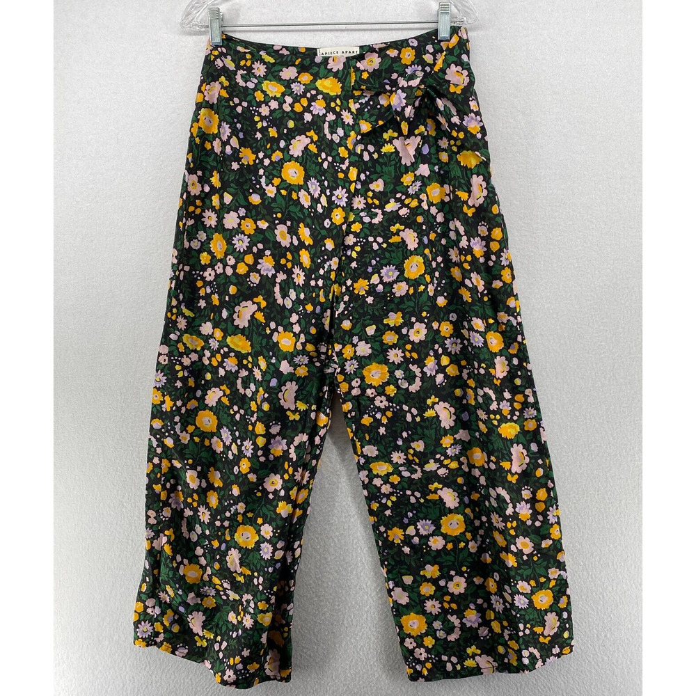 Floral Wide-Leg Pants - Dark Green with Yellow & Pink Flowers